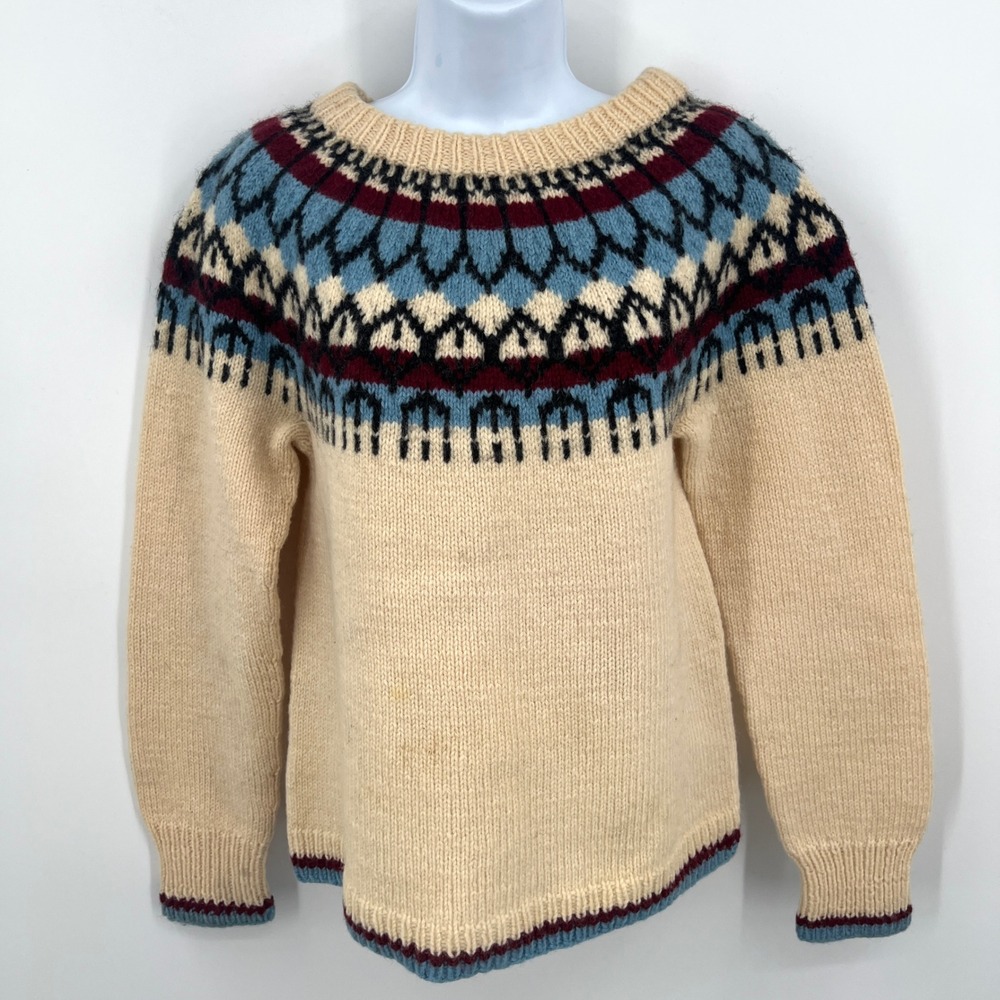 Norse Knit Norway Vintage Heavy Wool‎ Bohus Fair Isle Pullover Cream Blue